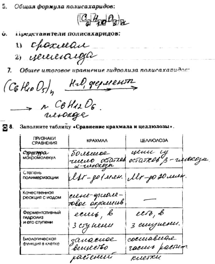 Изображение 5. Общая формула полисахаридов:6. Представители полисахаридов:1)2)7. Общее итоговое уравнение гидролиза полисахаридов:8. Заполните таблицу «Сравнение крахмала...